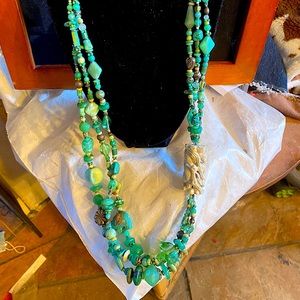 Native Turquoise/Glass-Beads Necklace with silver closure 22”